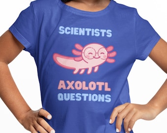Wissenschaftler Axolotl Fragen Kinder-T-Shirts, Kinder Wissenschaft Shirt, lustiges Axolotl Shirt, Wissenschaft Wortspiel Shirt