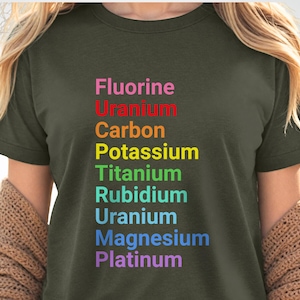 May include: An olive green t-shirt featuring a vertical list of chemical elements printed in a rainbow color gradient. The text reads: Fluorine, Uranium, Carbon, Potassium, Titanium, Rubidium, Uranium, Magnesium, and Platinum in stacked rows.