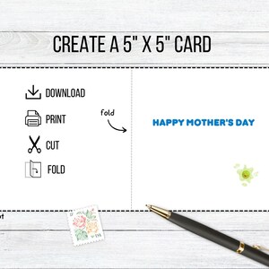 May include: Printable 5x5 inch card with instructions to download, print, cut, and fold. The card says "Happy Mother's Day" with a green cartoon character with a happy face.