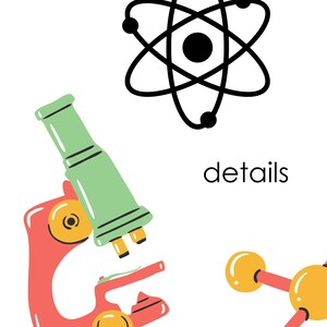 Puede incluir: Una ilustraci&oacute;n colorida de un microscopio, un &aacute;tomo y una mol&eacute;cula. El microscopio es rojo y verde, el &aacute;tomo es negro y la mol&eacute;cula es roja y amarilla. El texto "details" est&aacute; escrito en negro.