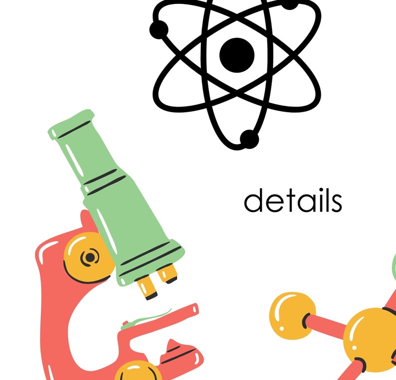 Puede incluir: Una ilustraci&oacute;n colorida de un microscopio, un &aacute;tomo y una mol&eacute;cula. El microscopio es rojo y verde, el &aacute;tomo es negro y la mol&eacute;cula es roja y amarilla. El texto "details" est&aacute; escrito en negro.