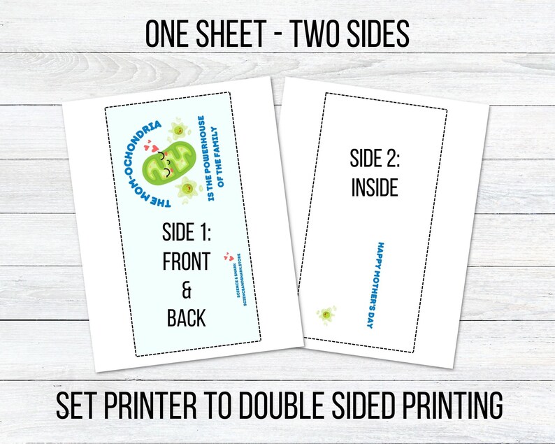 May include: A printable card with a green cartoon mitochondria with a smiling face and the text "The Mom-ochondria is the powerhouse of the family". The back of the card has the text "Happy Mother's Day".