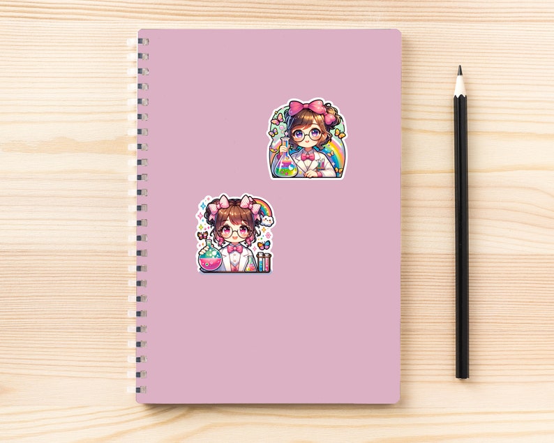 May include: Two colorful stickers featuring a cartoon scientist with brown hair, glasses, and a pink bow. The scientist is wearing a lab coat and holding beakers with colorful liquids. A rainbow and butterflies are also present.
