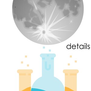 Puede incluir: Una ilustraci&oacute;n gris y blanca de la luna con un estallido de estrella blanca en el centro. Debajo de la luna hay tres vasos de precipitados de vidrio, dos son naranjas y uno es azul. El vaso de precipitados azul contiene un l&iacute;quido blanco. El texto "details" est&aacute; en negro en la parte superior de la imagen.