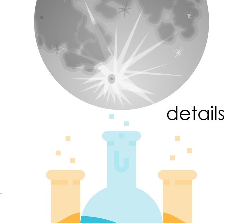 Puede incluir: Una ilustraci&oacute;n gris y blanca de la luna con un estallido de estrella blanca en el centro. Debajo de la luna hay tres vasos de precipitados de vidrio, dos son naranjas y uno es azul. El vaso de precipitados azul contiene un l&iacute;quido blanco. El texto "details" est&aacute; en negro en la parte superior de la imagen.