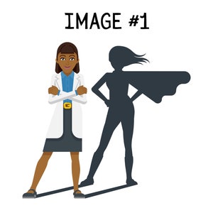 Op de afbeelding: Een vrouw in een witte labjas staat met gekruiste armen. Haar schaduw is een superheld met een cape.