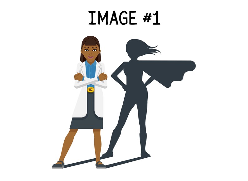 Op de afbeelding: Een vrouw in een witte labjas staat met gekruiste armen. Haar schaduw is een superheld met een cape.