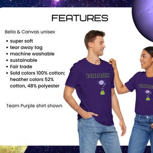 May include: Two people wearing purple t-shirts with a science-themed graphic. The shirts feature a design with the word "AAAAAA" above a beaker and a thought bubble. The shirts are Bella & Canvas unisex, super soft, machine washable, and sustainable.
