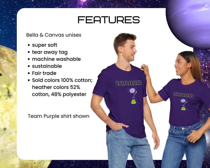 May include: Two people wearing purple t-shirts with a science-themed graphic. The shirts feature a design with the word "AAAAAA" above a beaker and a thought bubble. The shirts are Bella & Canvas unisex, super soft, machine washable, and sustainable.