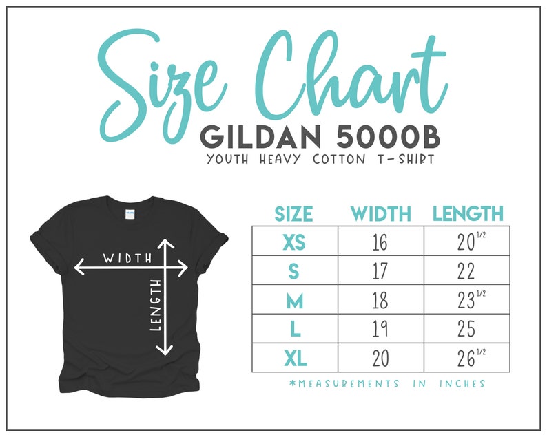 Puede incluir: Una tabla de tallas para una camiseta juvenil de algod&oacute;n pesado Gildan 5000B. La imagen muestra una camiseta negra con flechas blancas que indican las medidas de ancho y largo. Una tabla enumera las tallas de XS a XL en pulgadas.