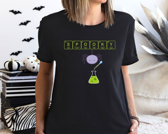 SPOOKY Science Spider Halloween Shirt, Cute T-Shirt for Science Teachers, Scientists, Communicators, Students, Geeks and Nerds