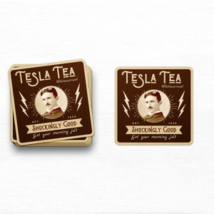 May include: A stack of square Tesla Tea coasters with a vintage design. Each coaster features a portrait, lightning bolts, and the text "TESLA TEA Whitecurrant" and "SHOCKINGLY GOOD Get your morning jolt."