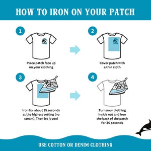 May include: A four-step guide on how to iron on a patch. The steps are illustrated with a white t-shirt and an iron. The text reads: "How to Iron on Your Patch", "Place patch face up on your clothing", "Cover patch with a thin cloth", "Iron for about 15 seconds at the highest setting (no steam). Then let it cool", "Turn your clothing inside out and iron the back of the patch for 30 seconds". The text at the bottom reads: "Use cotton or denim clothing".