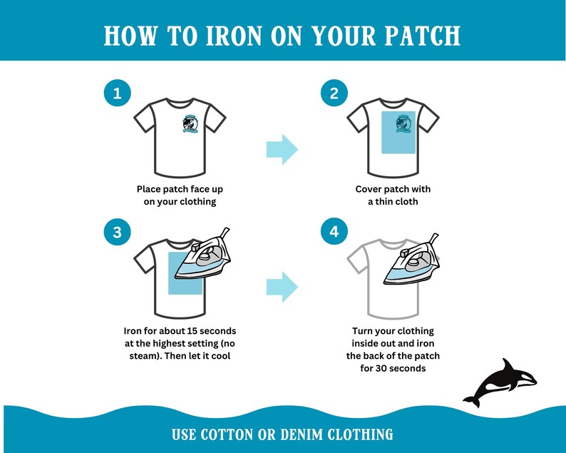 May include: A four-step guide on how to iron on a patch. The steps are illustrated with a white t-shirt and an iron. The text reads: "How to Iron on Your Patch", "Place patch face up on your clothing", "Cover patch with a thin cloth", "Iron for about 15 seconds at the highest setting (no steam). Then let it cool", "Turn your clothing inside out and iron the back of the patch for 30 seconds". The text at the bottom reads: "Use cotton or denim clothing".
