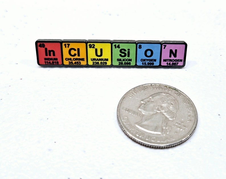 May include: A colorful enamel pin featuring the chemical symbols and names for the elements indium, chlorine, uranium, silicon, oxygen, and nitrogen. The pin is arranged in a horizontal line with each element represented by a different color.