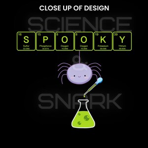 May include: Black graphic design featuring the word "SPOOKY" spelled out with periodic table elements. A cute purple spider hangs above a beaker with green liquid. The text "CLOSE UP OF DESIGN" is at the top.