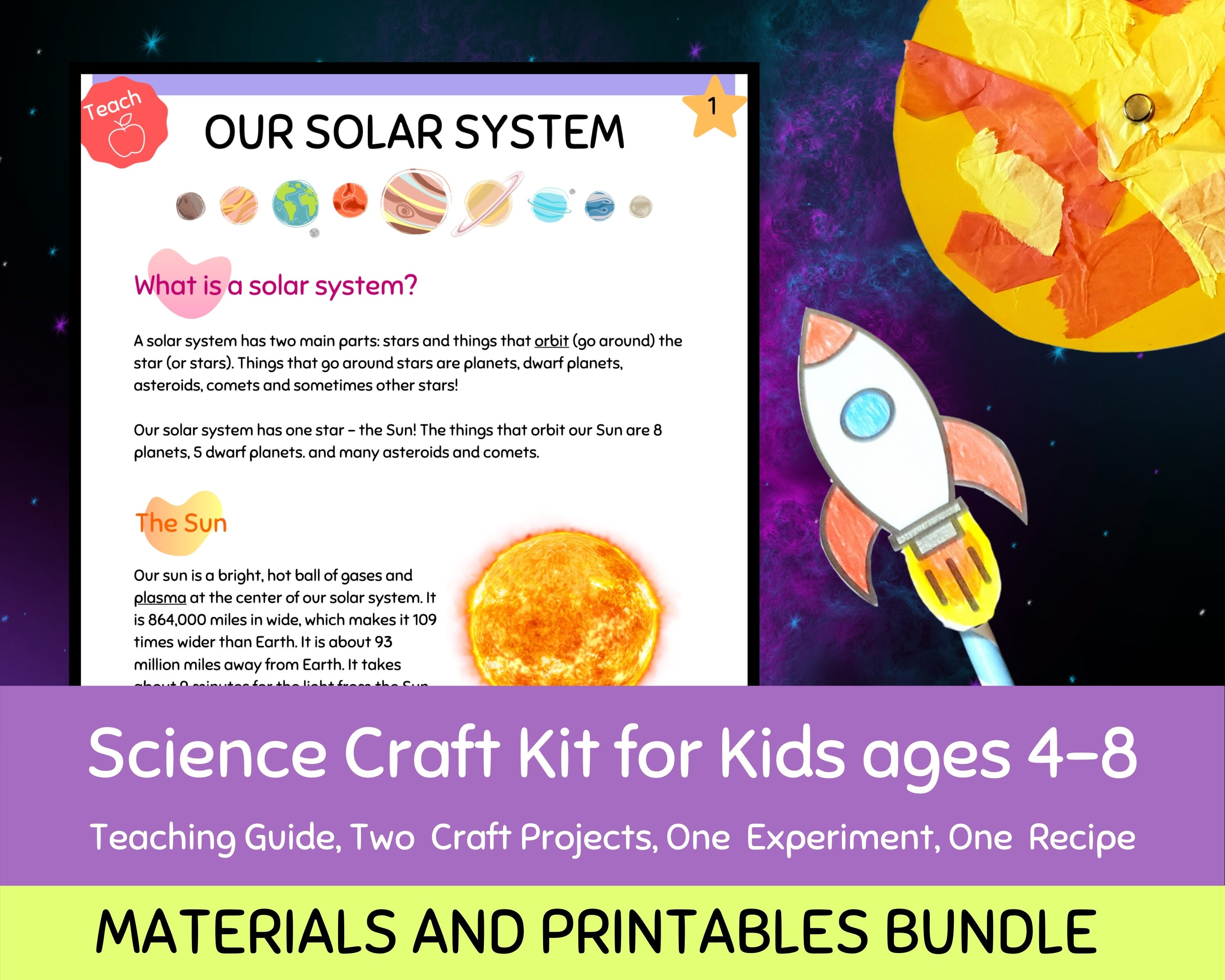 Science Craft Kit for Kids Digital Download Our Solar System: Two Projects,  One Experiment, One Recipe, Teaching Material, Ages 4 8 
