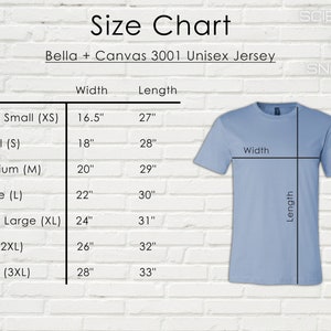 May include: Size chart for Bella + Canvas 3001 Unisex Jersey, showing measurements in inches for width and length for sizes XS to 3XL. The chart is on a white brick wall background with a light blue t-shirt illustration.