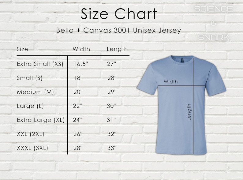 May include: Size chart for Bella + Canvas 3001 Unisex Jersey, showing measurements in inches for width and length for sizes XS to 3XL. The chart is on a white brick wall background with a light blue t-shirt illustration.