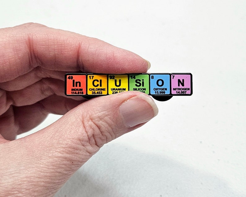 May include: A colorful enamel pin spelling out the word "INCUSON" using the chemical symbols for the elements indium, chlorine, uranium, silicon, oxygen, and nitrogen. Each element is represented by its symbol and atomic number.