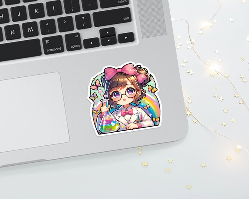 May include: A colorful sticker featuring a cartoon scientist with glasses, a pink bow, and a lab coat, holding a flask with colorful liquids. Butterflies and a rainbow arch around the character. The sticker is placed on a laptop.