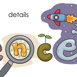 Puede incluir: La palabra "ciencia" est&aacute; escrita con letras de colores. La letra "n" est&aacute; en una lupa, la letra "c" es un brote verde y la letra "e" est&aacute; en una escena espacial azul y morada con un cohete.