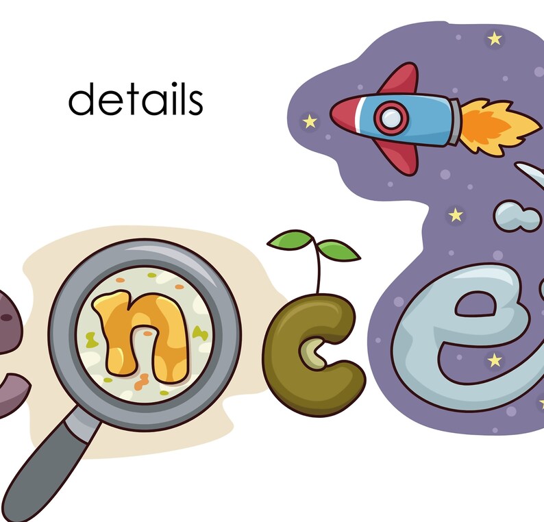 Puede incluir: La palabra "ciencia" est&aacute; escrita con letras de colores. La letra "n" est&aacute; en una lupa, la letra "c" es un brote verde y la letra "e" est&aacute; en una escena espacial azul y morada con un cohete.