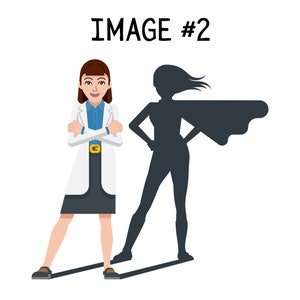 Op de afbeelding: Een vrouw in een witte labjas staat met haar armen gekruist en glimlacht. Haar schaduw is een superheld met een cape, die in een krachtige pose staat.