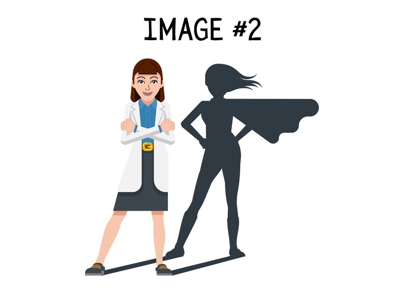 Op de afbeelding: Een vrouw in een witte labjas staat met haar armen gekruist en glimlacht. Haar schaduw is een superheld met een cape, die in een krachtige pose staat.