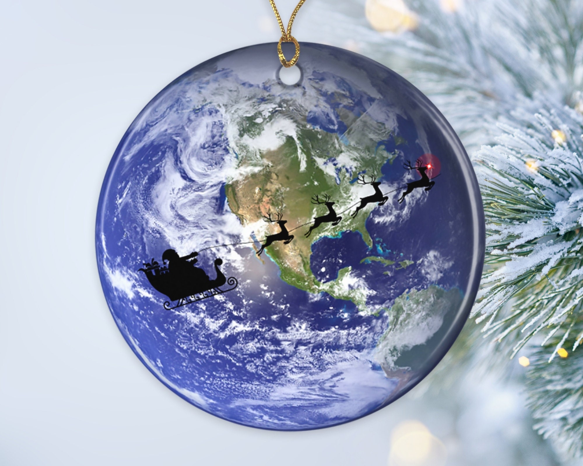 Personalized Earth Ornament with Santa and Reindeer Etsy