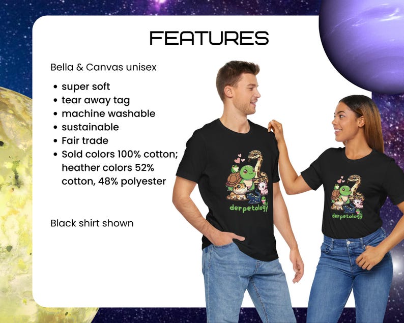 K&ouml;nnte beinhalten: Ein schwarzes T-Shirt mit einer grafischen Illustration verschiedener Reptilien und Amphibien sowie dem gr&uuml;nen Schriftzug "derpetology". Das T-Shirt ist ein Unisex-Modell von Bella & Canvas mit abrei&szlig;barem Etikett, maschinenwaschbar und aus 100% Baumwolle.