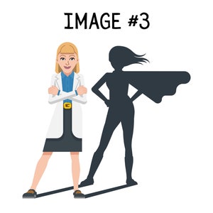 Op de afbeelding: Een vrouw in een witte labjas staat met haar armen gekruist. Haar schaduw achter haar is een superheld met een cape.