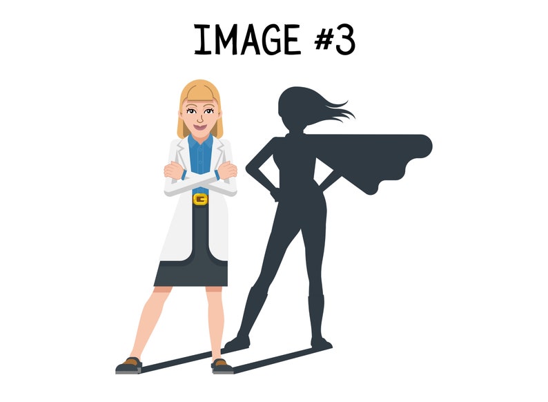 Op de afbeelding: Een vrouw in een witte labjas staat met haar armen gekruist. Haar schaduw achter haar is een superheld met een cape.