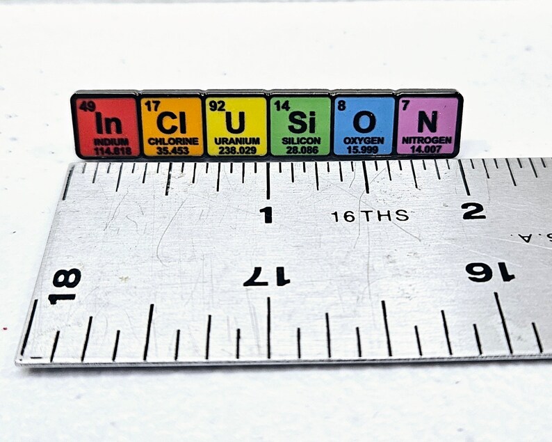 May include: A close-up of a ruler with a row of colorful tiles featuring the chemical symbols and names of the elements Indium, Chlorine, Uranium, Silicon, Oxygen, and Nitrogen. The tiles are arranged in a line and are approximately 1 inch long.