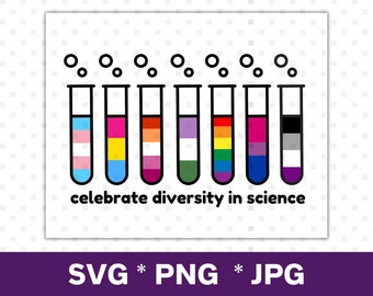 Download digitale SVG - Poster per la classe "Ritorno a scuola" - Diversità nella scienza, colori della bandiera del Gay Pride in provette, decorazioni per la classe di scienze