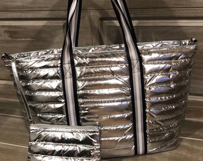 Silver Shiny Stylish PUFFER Bag With Varsity Stripe Straps - Etsy