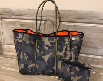 Tote Neoprene bag GREEN CAMO with ORANGE lining Beach Pool Bag - On Trend - Summer bag - work bag baby bag school bag teacher Christmas gift