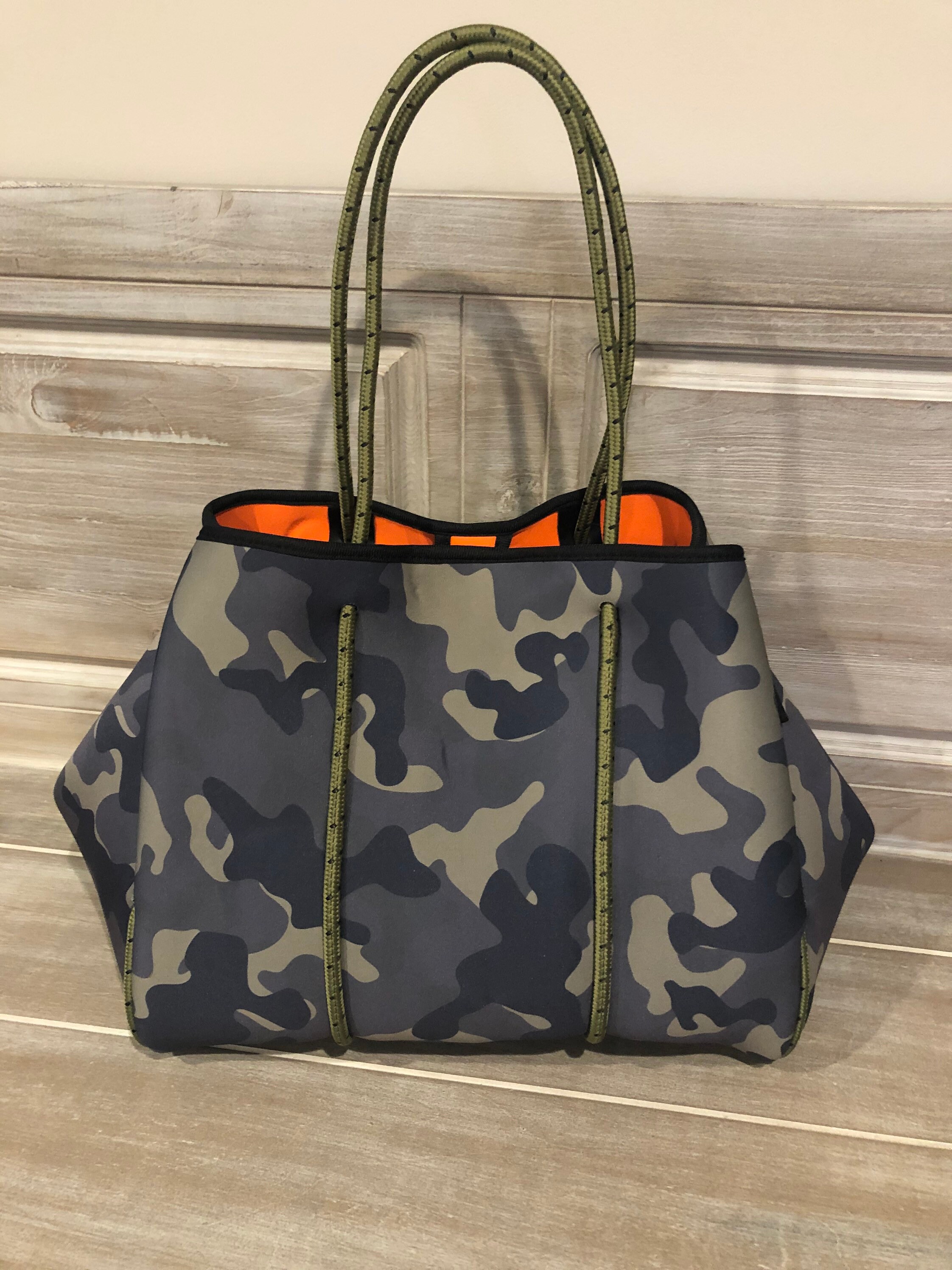 Green Camo with Neon Orange/Lavender Stripe Neoprene Tote bag 🧡💜 – Peace  Love Fashion Wholesale