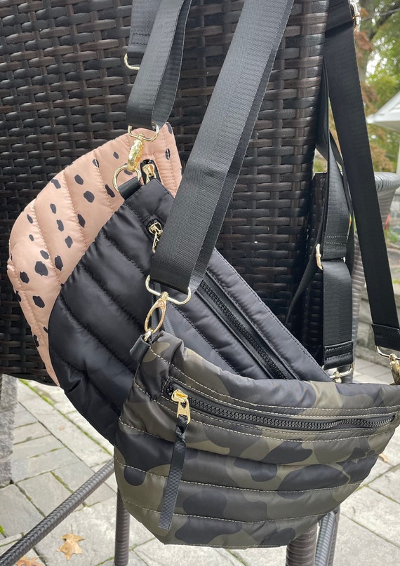 Puffer Crossbody Backpack & Water Bottle Holder in Black - Gold Heart