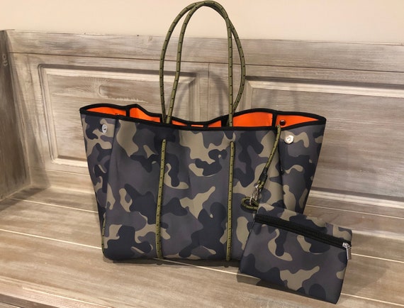 Camo with Red/Black Stripe Neoprene Tote