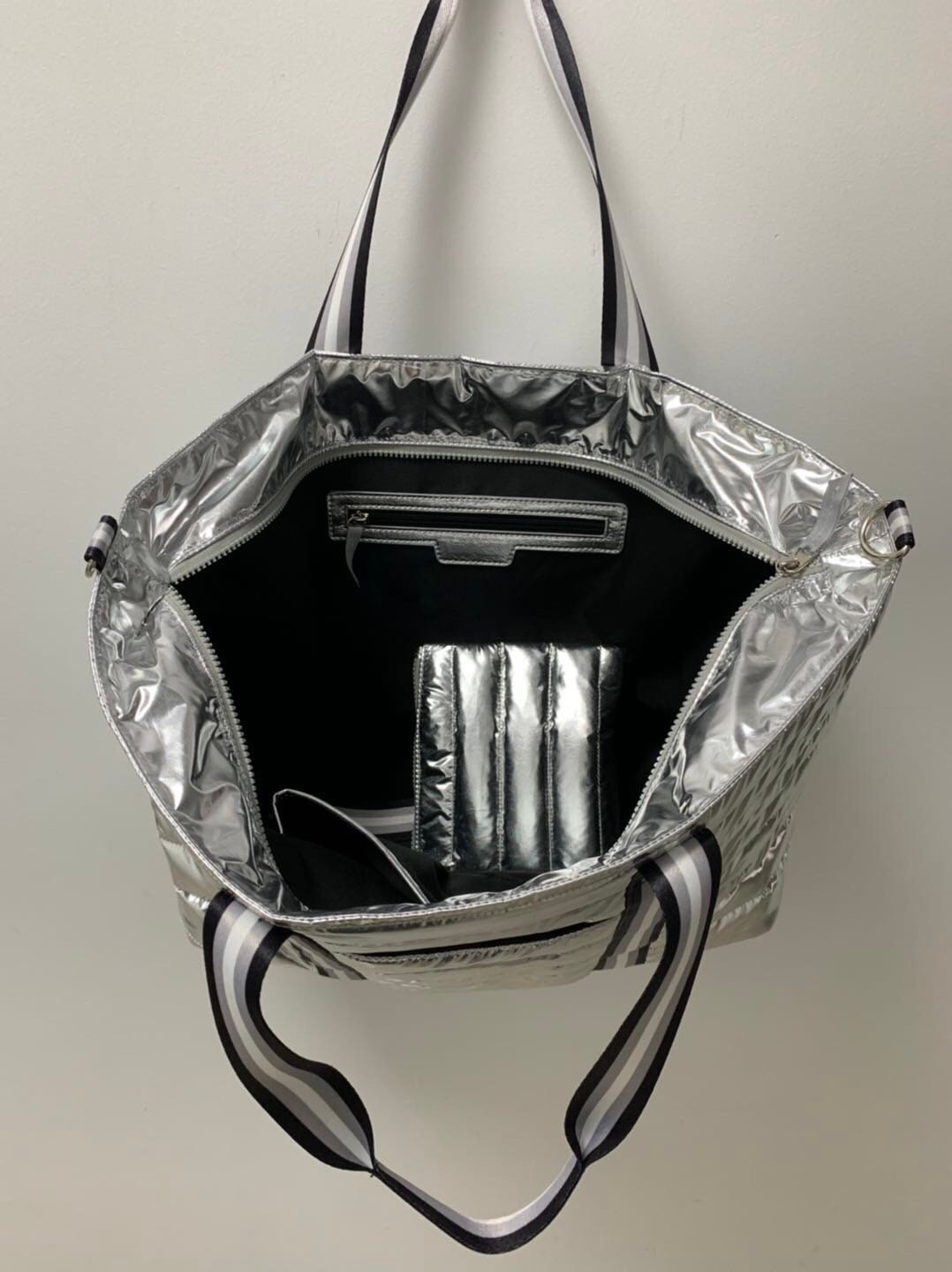 Silver Shiny Stylish PUFFER bag with varsity stripe straps | Etsy