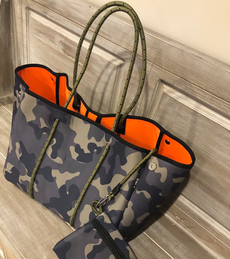 Tote Neoprene bag GREEN CAMO with ORANGE lining Beach Pool Bag Etsy
