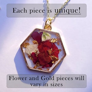 Resin Based Rose Petal and Petal Hearts With Baby&#39;s Breath and Gold Flakes Necklace, Flower Necklace, 18 Inch Necklace with Bezel Pendant