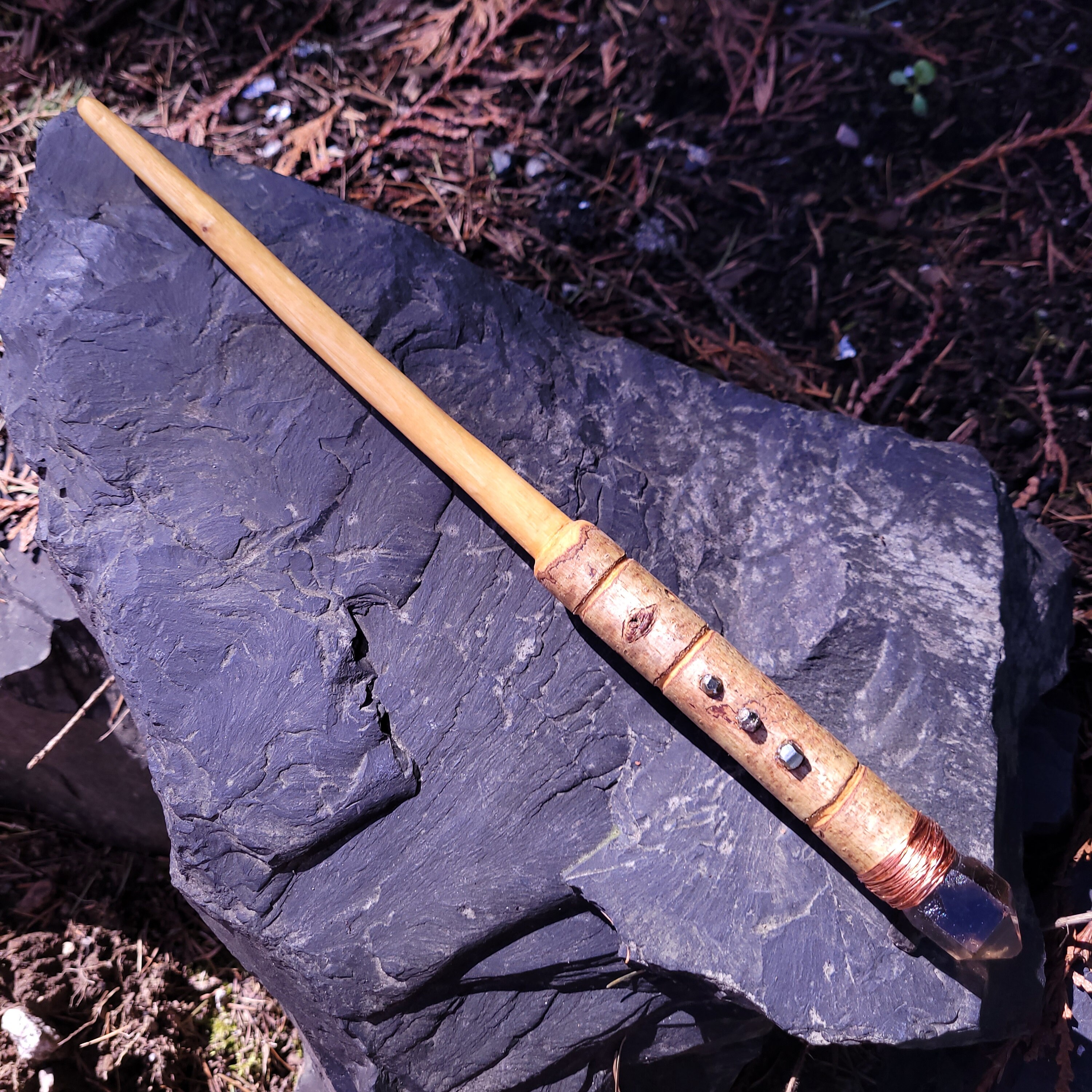 Maplewood, Pyrite, and Raw Smokey Quartz Wand | magic wand | wizard wand |  witchy gift | crystal wand (13")