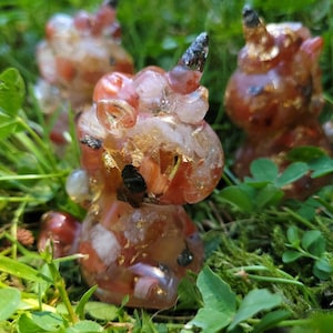 May include: Three small unicorn figurines made of red carnelian, clear quartz, and gold leaf. The unicorns are sitting on a bed of green moss.