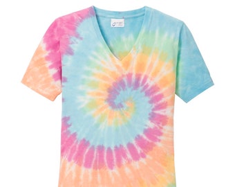 Ladies Tie-Dye V-Neck T-Shirt: 100% Cotton Tee
