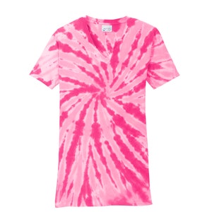 May include: A pink tie-dye V-neck t-shirt with a swirl pattern.