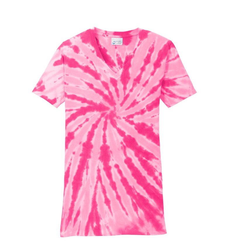 May include: A pink tie-dye V-neck t-shirt with a swirl pattern.
