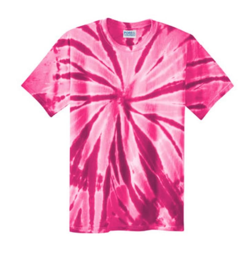 May include: A pink and white tie-dye t-shirt with a spiral pattern.