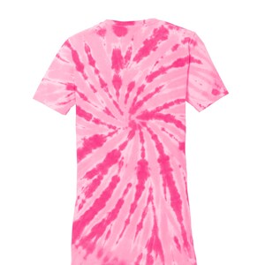 May include: Pink tie-dye t-shirt with a spiral pattern.